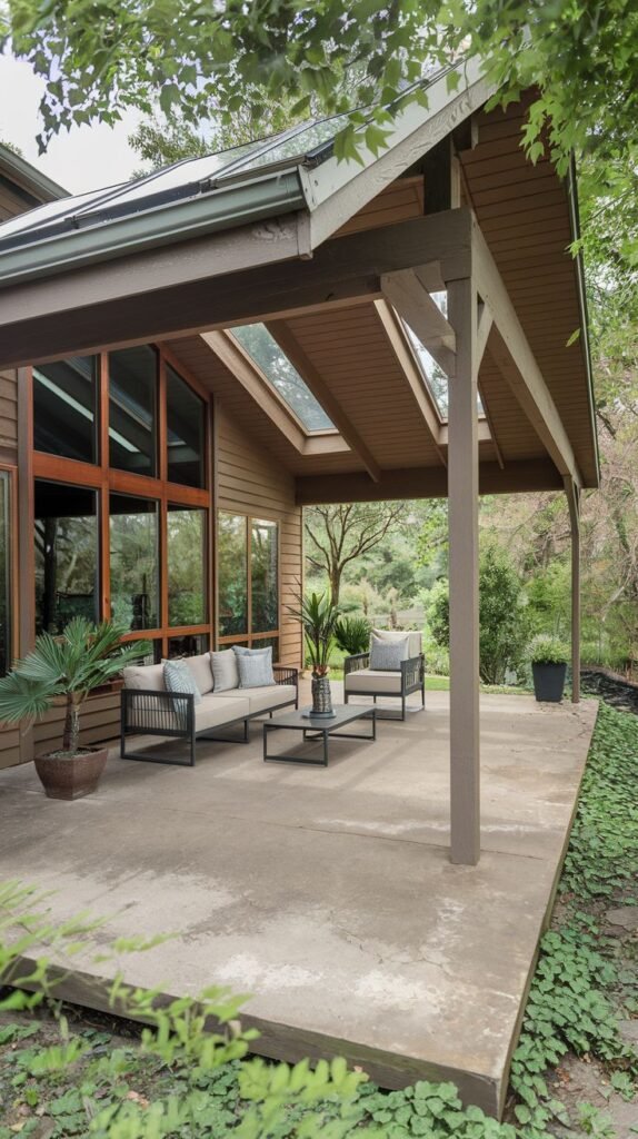 Contemporary covered patio with a lean-to roof structure that integrates skylight panels within the wooden rafters. The concrete floor is furnished with modern dark lounge seating, attached to a brown wood-sided house.