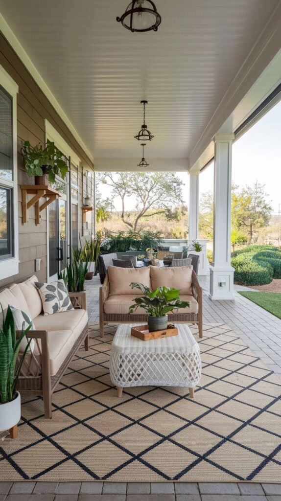 Traditional covered porch featuring a white beadboard ceiling and white columns. The brown plank floor is mostly covered by a large natural fiber rug with a black diamond pattern, centered around woven outdoor seating.