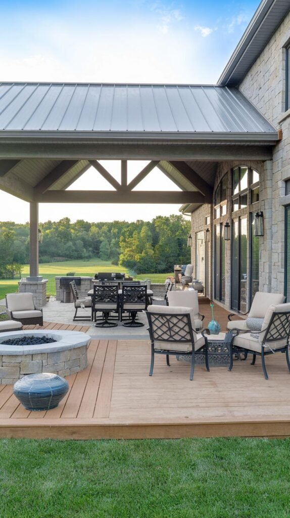 Multi-level covered outdoor area with a sloped metal roof supported by open truss work. The space includes a raised wood deck area with a fire pit and a lower paved area for dining, attached to a light stone house.