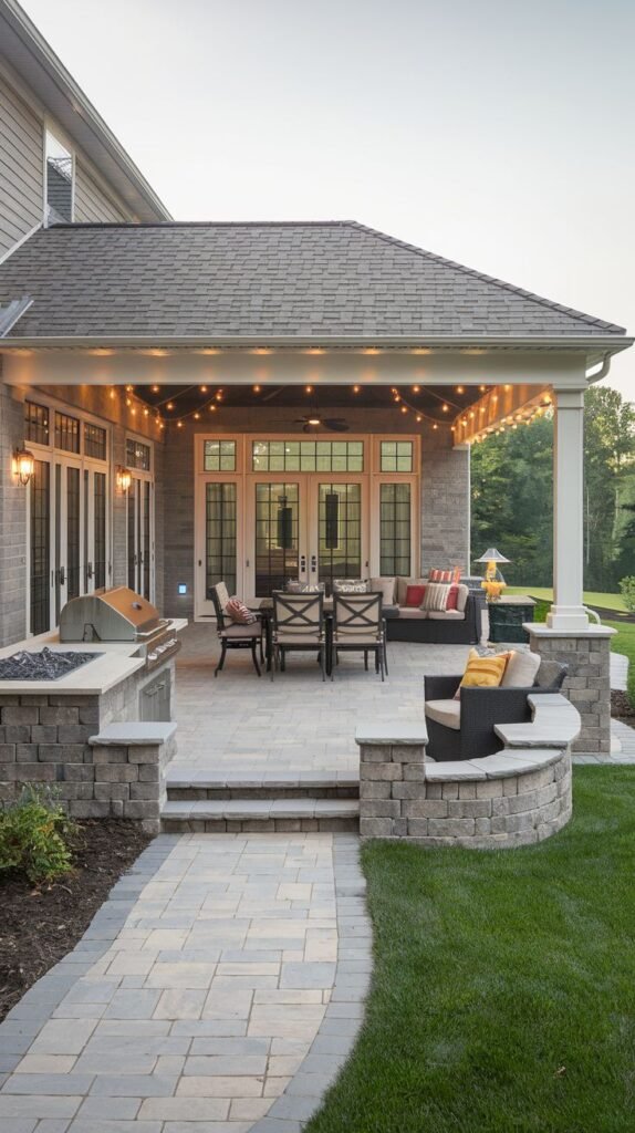 Traditional covered patio extension with a shingled roof and white columns, featuring integrated string lights. The paved area includes a built-in stone grill station, steps, and dedicated dining and lounge zones.