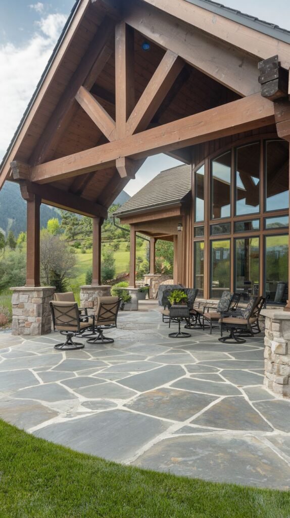 Grand covered patio with a high gabled wood truss roof resting on stone bases, overlooking a mountainous backdrop. The floor is paved with large, irregular blue-grey flagstones, set up with multiple seating groups.