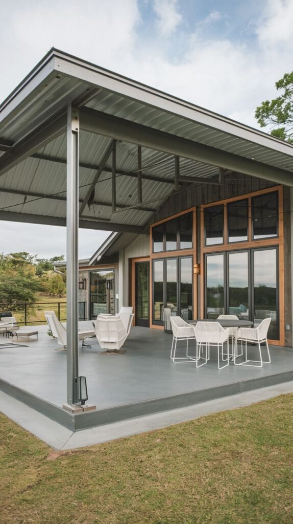 Contemporary covered patio featuring a corrugated metal shed roof supported by a simple metal frame. The dark concrete floor hosts minimalist white woven furniture, attached to a house with vertical siding and large dark windows.