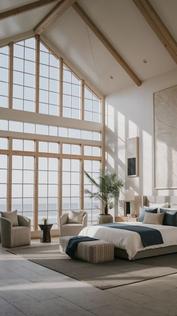Dramatic Modern Coastal Farmhouse Bedroom maximizing ocean view with two-story grid windows and light wood exposed rafters.