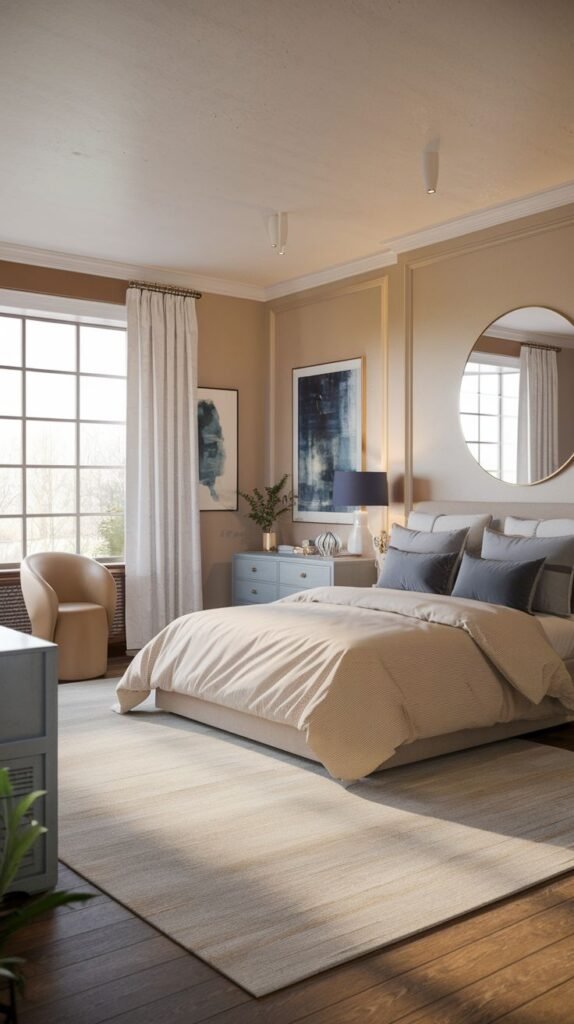 Transitional Modern Coastal Farmhouse Bedroom featuring tan walls, classic trim, blue-gray dresser, and a large round decorative mirror.
