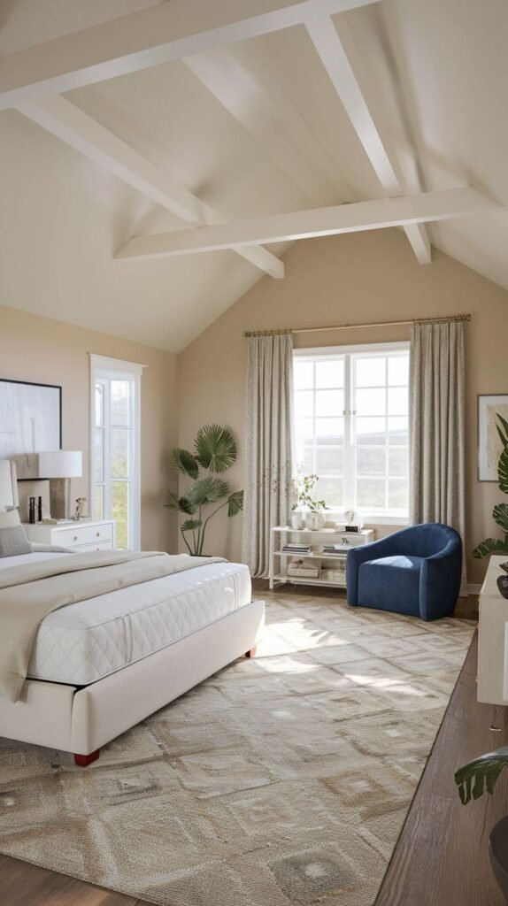 Bright Modern Coastal Farmhouse Bedroom featuring white painted beams, a bold geometric rug, and a rounded navy blue accent chair.