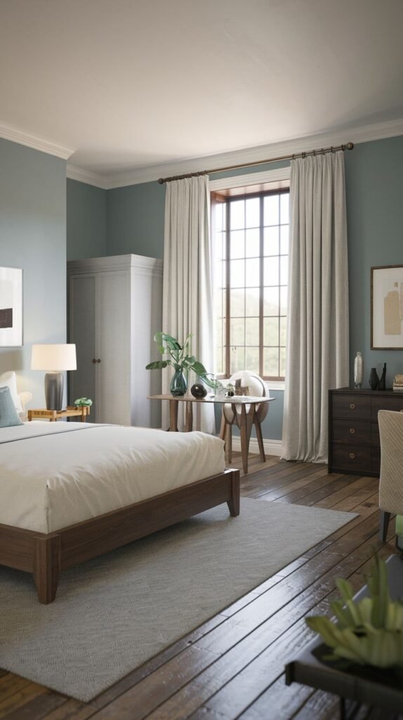 Moody Modern Coastal Farmhouse Bedroom utilizing deep dusty blue walls, dark polished wood floors, and a simple dark wood bed frame.
