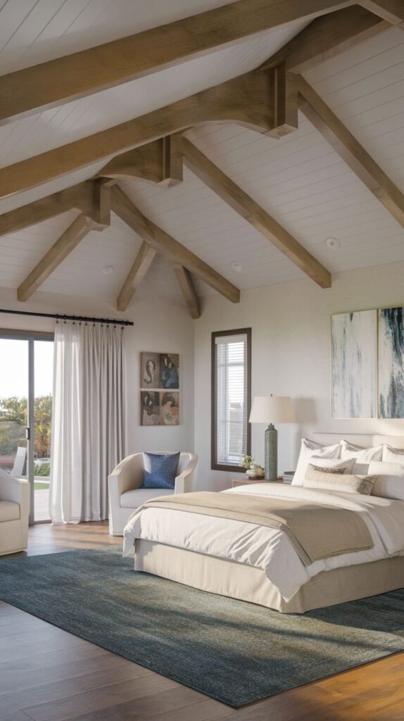 Modern Coastal Farmhouse Bedroom emphasizing robust light wood exposed beams against a high vaulted ceiling and anchored by a deep blue rug.