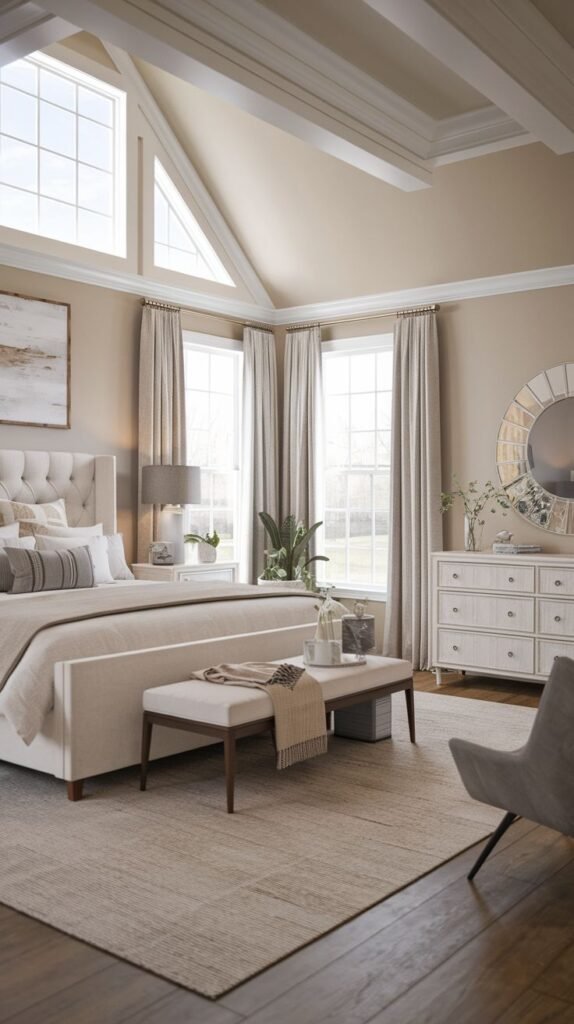 Symmetrical Modern Coastal Farmhouse Bedroom design featuring gabled windows, a tufted upholstered bed, and mirrored furniture accents.
