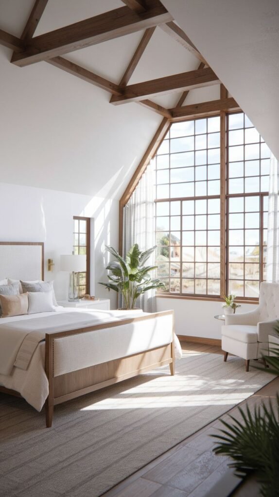 High-contrast Modern Coastal Farmhouse Bedroom showcasing intricate dark wood truss work and a dominating grid-pattern glass wall.