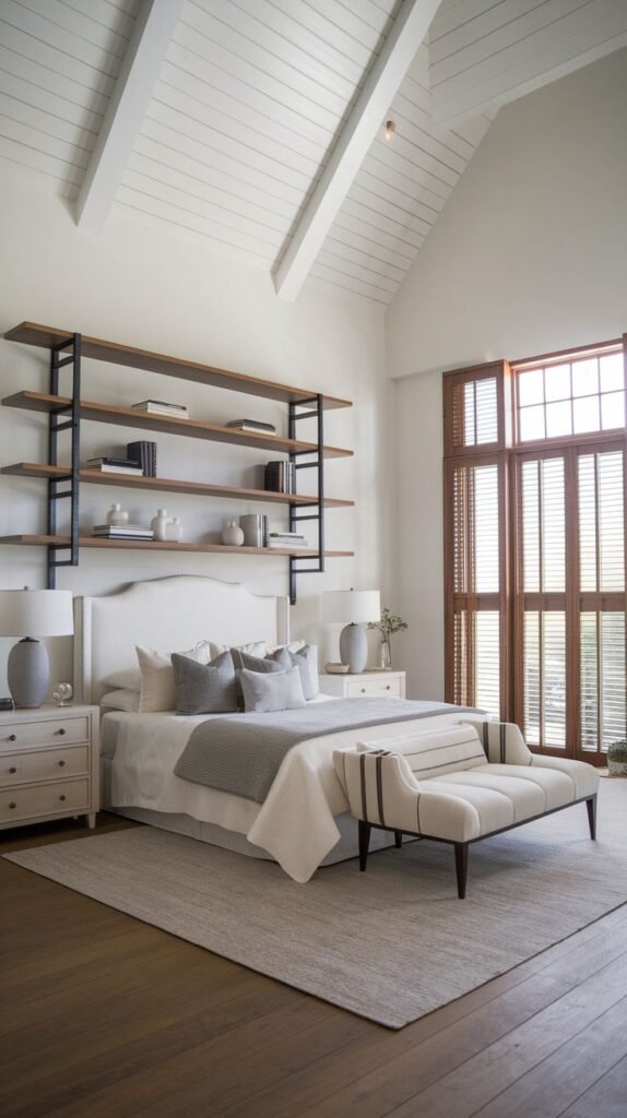 Modern Coastal Farmhouse Bedroom with towering industrial open shelving and a vaulted white shiplap ceiling.