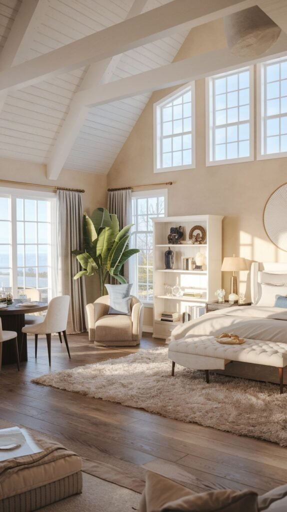 Multi-functional Modern Coastal Farmhouse Bedroom suite featuring a spacious seating area, an integrated dining nook, and a plush white shag rug.