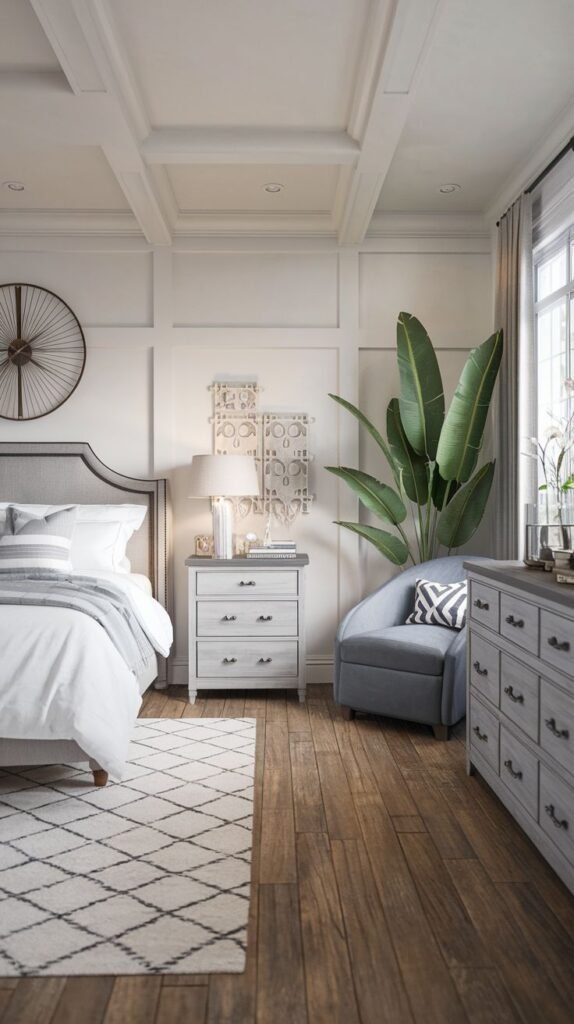 Elegant Modern Coastal Farmhouse Bedroom with coffered ceilings, wainscoting, gray furniture, and a large tropical plant accent.