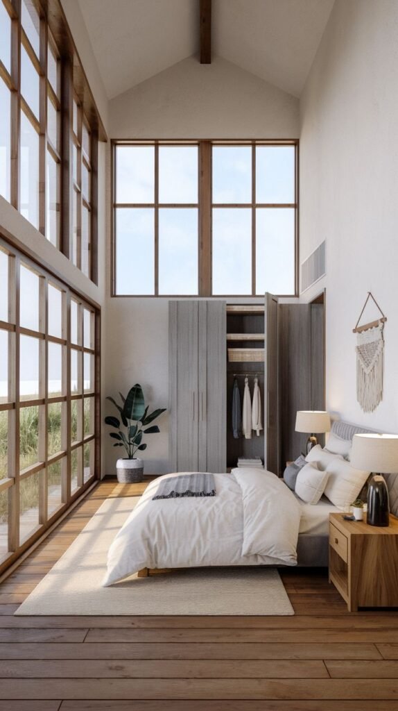 Minimalist Modern Coastal Farmhouse Bedroom dominated by floor-to-ceiling grid windows and featuring a sleek integrated gray wardrobe.