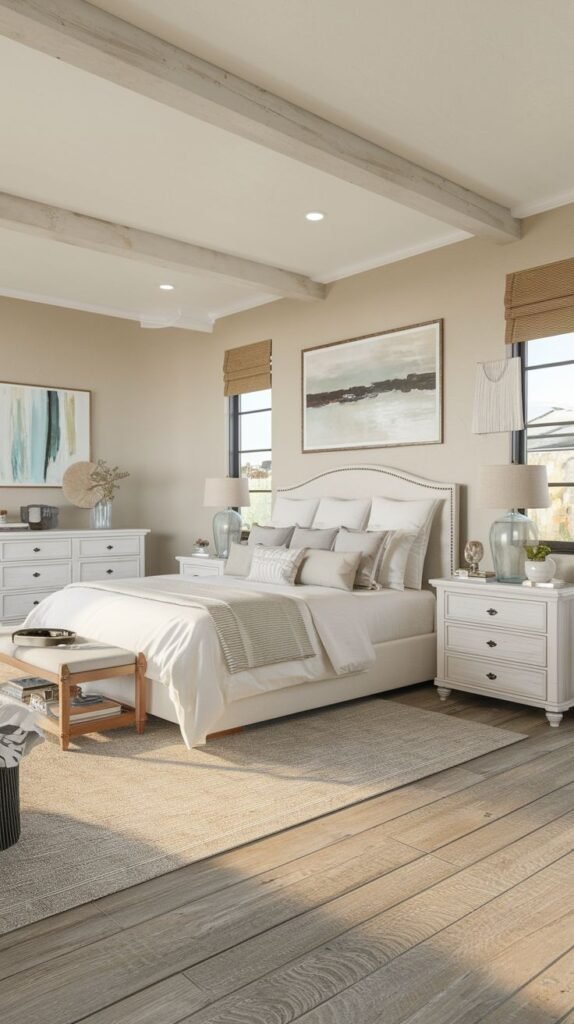 Classic Modern Coastal Farmhouse Bedroom with distressed white furniture, light wooden beams, and natural woven window treatments.