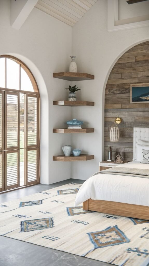 Textured Modern Coastal Farmhouse Bedroom featuring an arched door, rustic wood shiplap accent wall, and floating corner shelves.