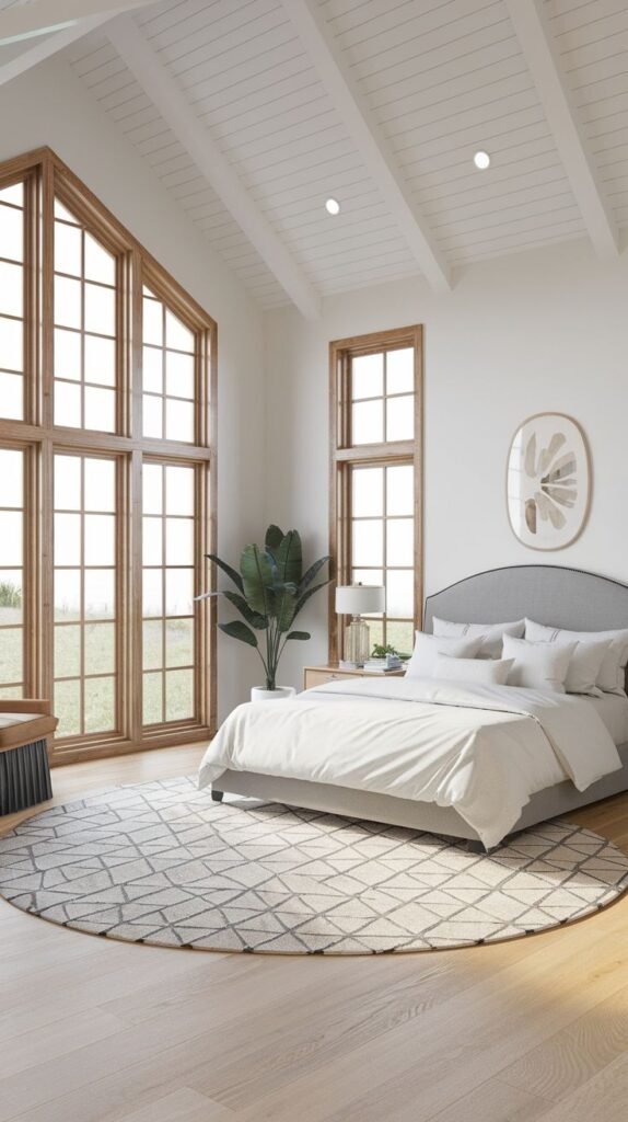 Modern Coastal Farmhouse Bedroom with high vaulted shiplap ceilings, light wood-trimmed windows, and a large circular geometric area rug.