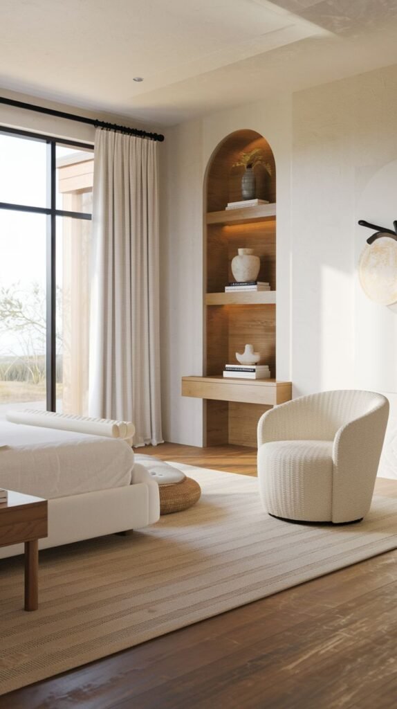 Modern Coastal Farmhouse Bedroom utilizing efficient design with a built-in arched niche containing shelving and a workspace, adjacent to a textured swivel chair.
