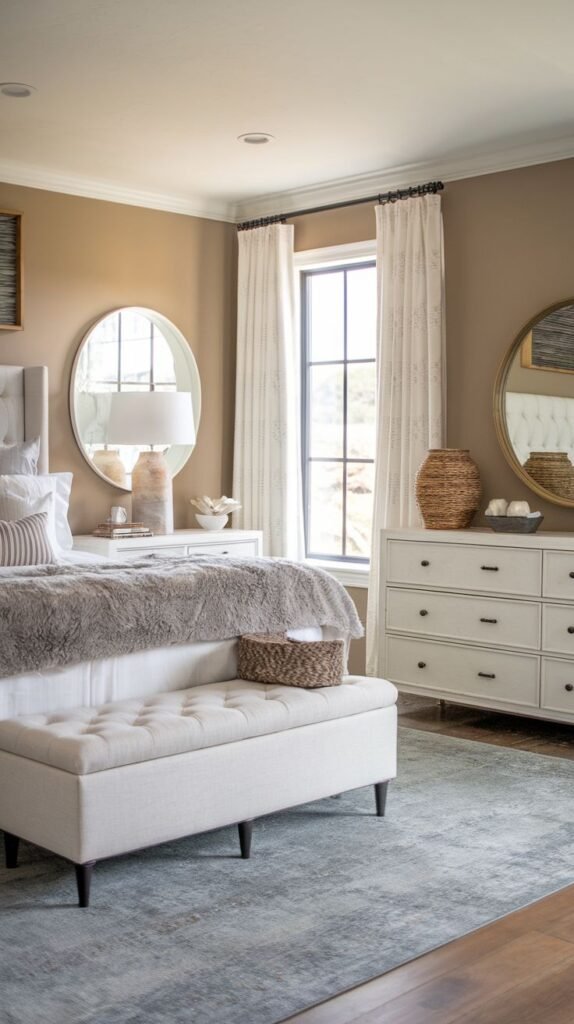 Modern Coastal Farmhouse Bedroom emphasizing texture with a tufted storage bench, faux fur throw, and multiple reflective round mirrors against tan walls.