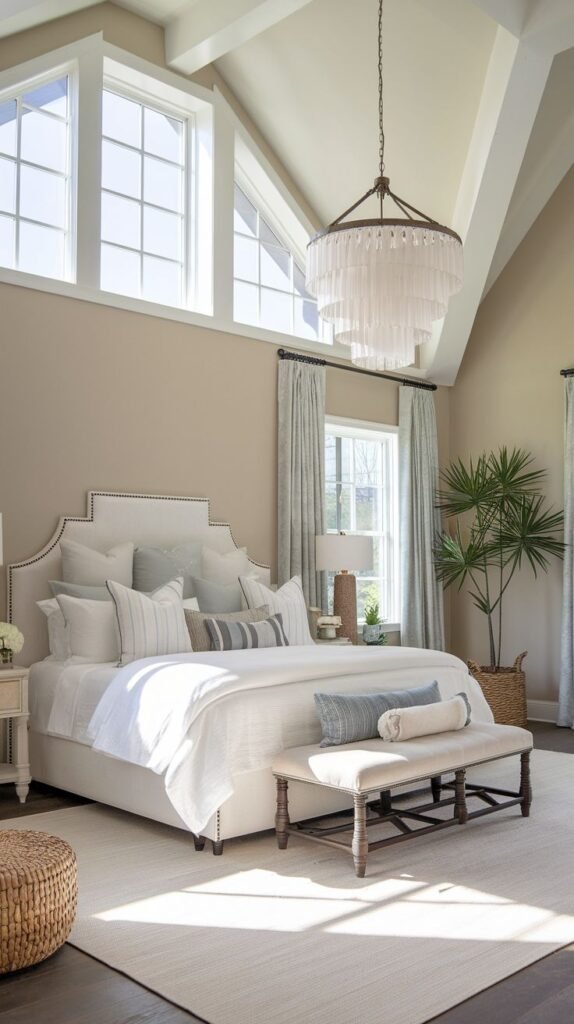 Luxurious Modern Coastal Farmhouse Bedroom featuring a high vaulted ceiling, large gabled windows, and a tiered glass bead chandelier.