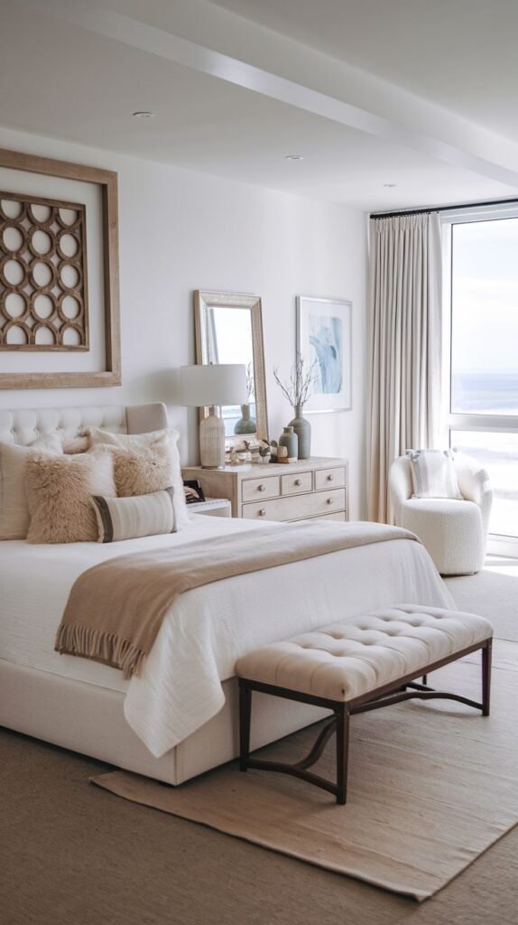 Modern Coastal Farmhouse Bedroom in white and beige tones, accented by a large geometric wood wall panel above the bed and a view of the ocean.