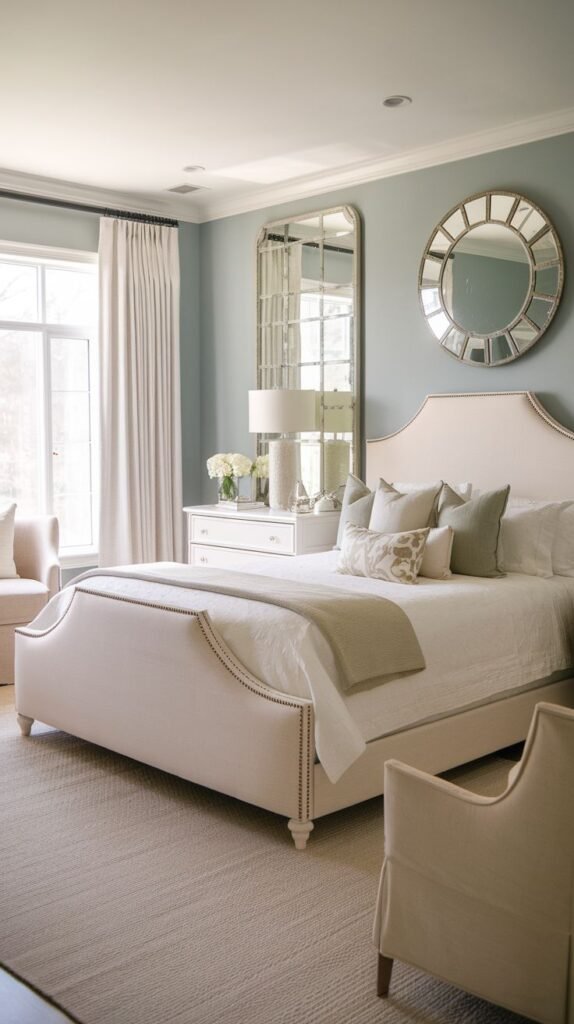Elegant Modern Coastal Farmhouse Bedroom with soft blue-gray walls, a studded upholstered bed, and multiple decorative mirrors.