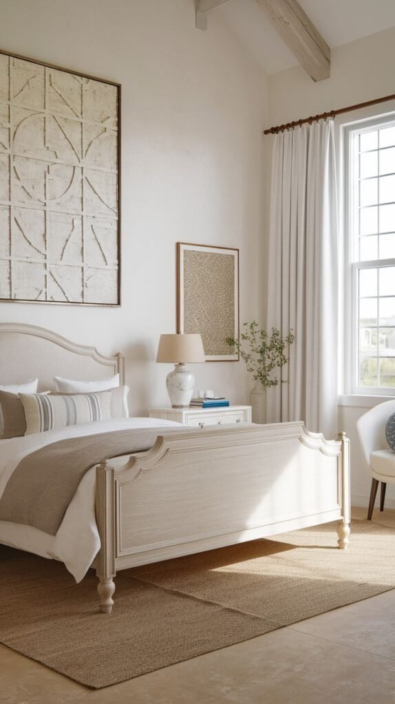 Classic Modern Coastal Farmhouse Bedroom featuring a white-washed wood bed frame, light ceiling beams, and large textured white geometric wall art.