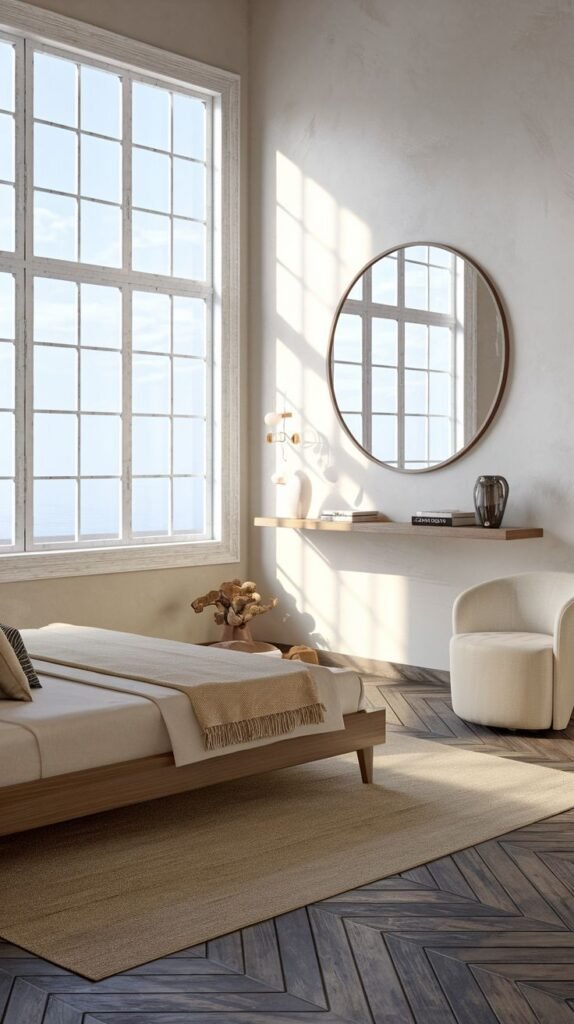 Minimalist Modern Coastal Farmhouse Bedroom emphasizing a large, paned window, chevron dark wood flooring, and a round wooden mirror.