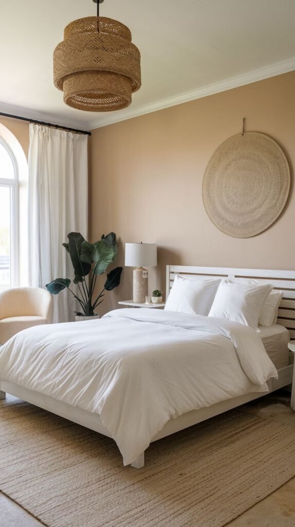 Modern Coastal Farmhouse Bedroom featuring oversized woven lighting and wall decor against warm beige walls, creating an organic texture focus.