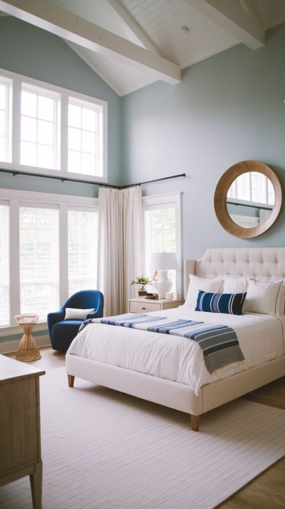 Modern Coastal Farmhouse Bedroom featuring a vaulted ceiling, light blue walls, an upholstered bed, a navy accent chair, and a high stack of windows.