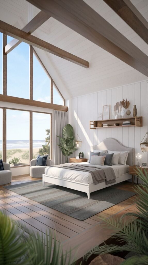 Grand Modern Coastal Farmhouse Bedroom with dark exposed beams, vaulted ceilings, and a massive window wall overlooking the ocean.