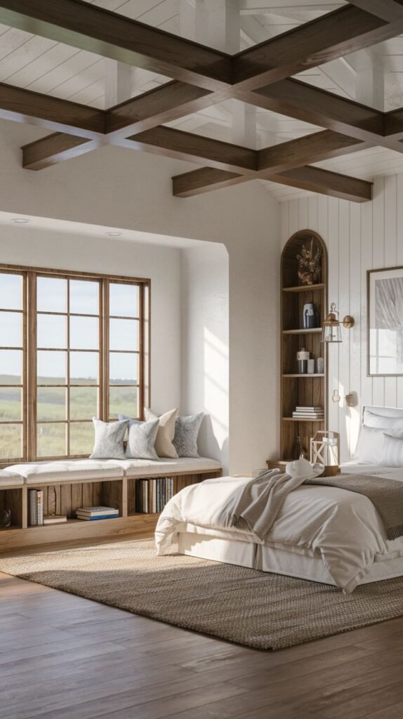 Cozy Modern Coastal Farmhouse Bedroom featuring a dark wood cross-beamed ceiling and a built-in window seat with storage and pillows.