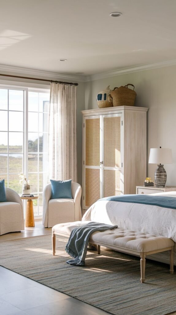 Modern Coastal Farmhouse Bedroom incorporating rattan/cane on a distressed white wardrobe, neutral seating, and a view of marshland.