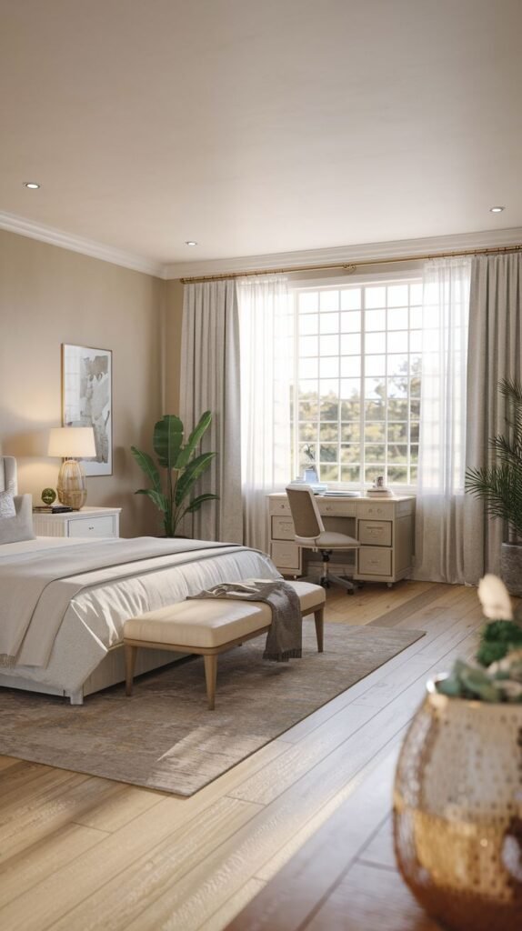 Functional Modern Coastal Farmhouse Bedroom featuring warm beige walls, a neutral upholstered bed, and an integrated work desk near the window.