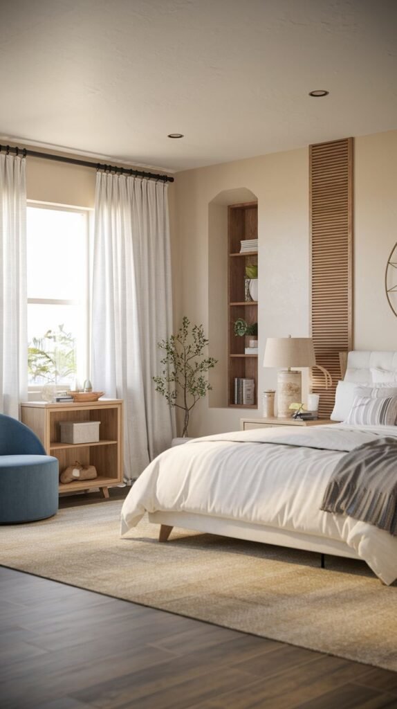 Modern Coastal Farmhouse Bedroom with textural interest from a slatted wood panel and an arched built-in shelving unit.