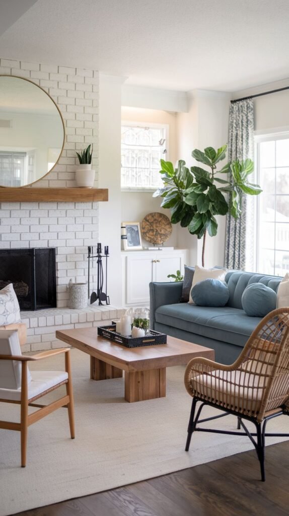 Modern Coastal Farmhouse Living Room featuring a white painted brick fireplace, wood mantel, a dusty blue sofa, and a rattan accent chair.