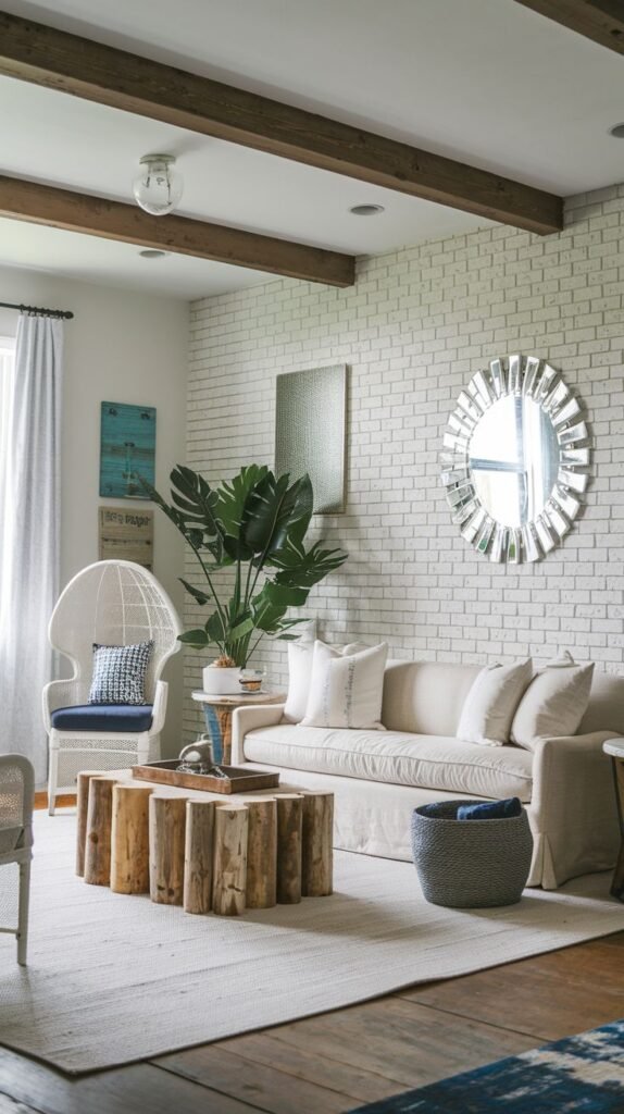 Modern Coastal Farmhouse Living Room with a white painted brick accent wall, exposed ceiling beams, and a coffee table made from natural wood logs.