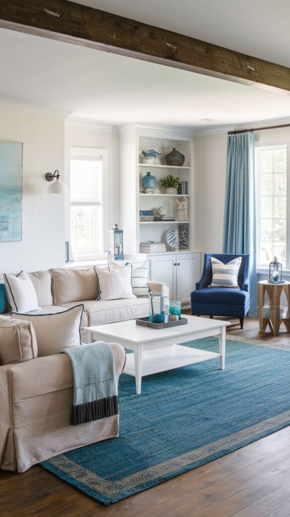 Modern Coastal Farmhouse Living Room featuring a large overhead wood beam and a vibrant teal blue area rug contrasting with light slipcovered seating.