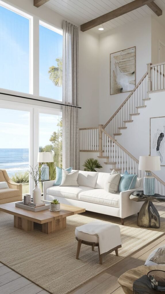 Modern Coastal Farmhouse Living Room with a two-story ocean view through tall grid windows, a vaulted ceiling, white seating, and a classic farmhouse staircase railing.