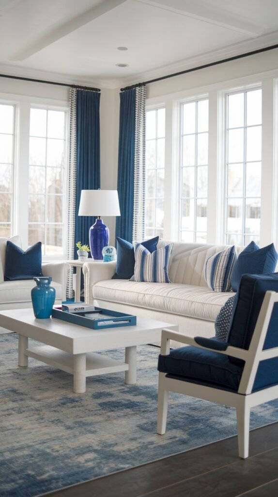 Modern Coastal Farmhouse Living Room defined by bright white trim, navy blue patterned curtains, and a white coffee table over an abstract blue rug.