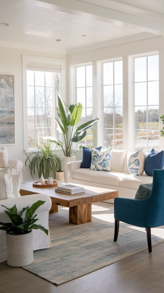 Modern Coastal Farmhouse Living Room basking in sunlight, featuring a massive, rustic block wood coffee table and white slipcovered seating with blue accents.