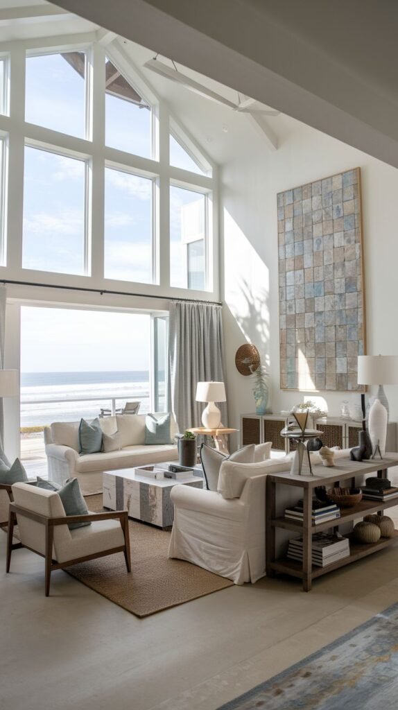 Modern Coastal Farmhouse Living Room with an A-frame vaulted ceiling and expansive ocean views, featuring a large textured square wall art installation.