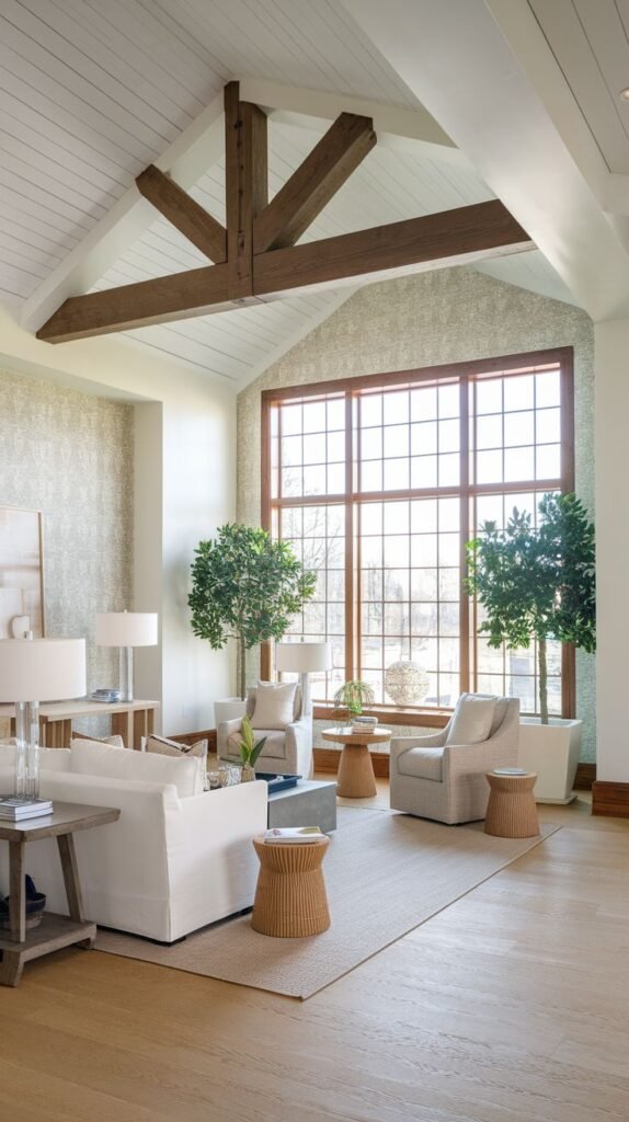 Modern Coastal Farmhouse Living Room featuring dramatic vaulted ceilings with heavy exposed wood beams and a large grid-paned window.
