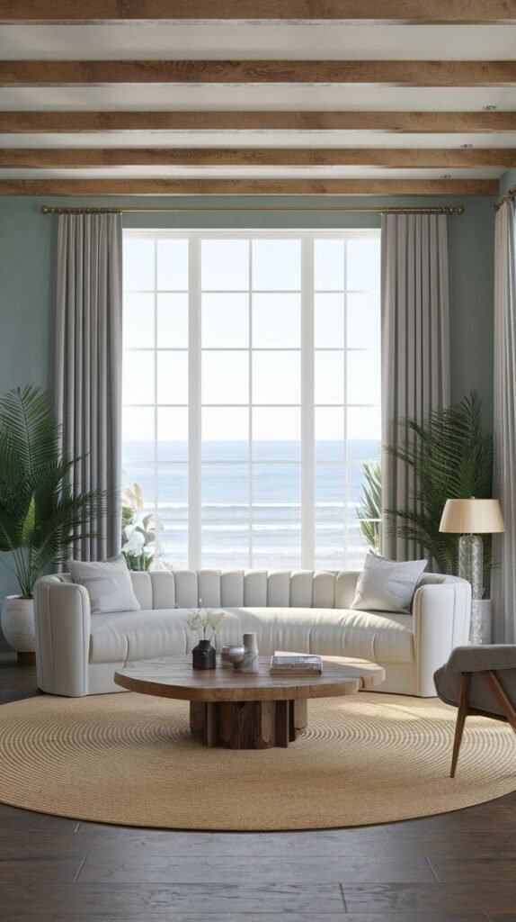 Modern Coastal Farmhouse Living Room with soft seafoam green walls, exposed wood beams, and a modern curved sofa centered on a large round jute rug and wood coffee table.