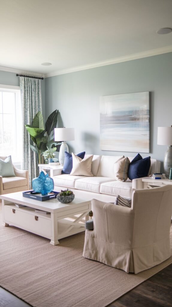 Modern Coastal Farmhouse Living Room featuring pale blue walls, a traditional white farmhouse coffee table with X-details, and a serene coastal landscape painting.