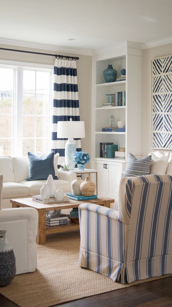Modern Coastal Farmhouse Living Room dominated by navy and white striped curtains and upholstery, with a white built-in bookcase displaying blue coastal accessories.