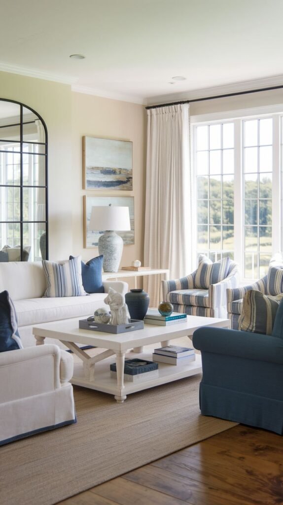 Modern Coastal Farmhouse Living Room utilizing an arched black-framed grid mirror as a focal point, paired with blue striped armchairs and a white coffee table.