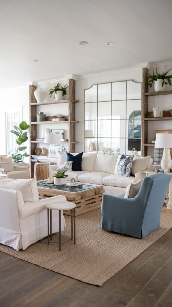 Modern Coastal Farmhouse Living Room with rustic raw wood open shelving framing a large multi-paned mirror and featuring a light blue swivel chair.