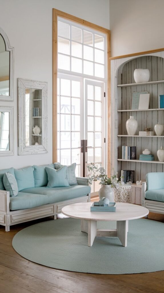 Modern Coastal Farmhouse Living Room featuring a tall white French door, mint green cushioned seating, and an arched shiplap-backed built-in shelf.