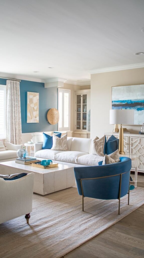 Modern Coastal Farmhouse Living Room with a bold deep blue accent wall contrasting with a white sectional and a modern blue curvaceous armchair.