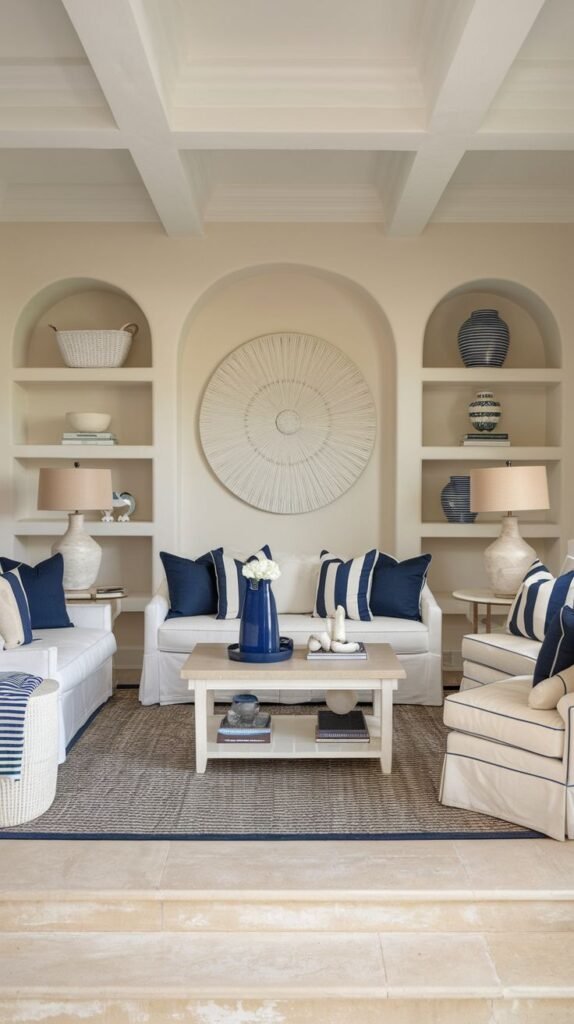Modern Coastal Farmhouse Living Room featuring symmetrical arched display niches, a coffered ceiling, and strong navy and white striped nautical accents.